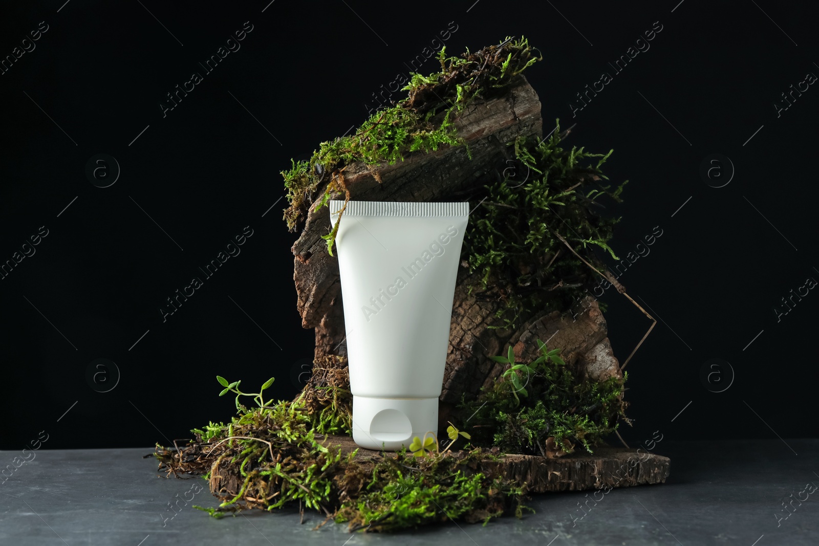 Tube of moisturizing body cream, tree bark and plants on grey table, closeup Photo of Tube of moisturizing body cream, tree bark and plants on grey table, closeup