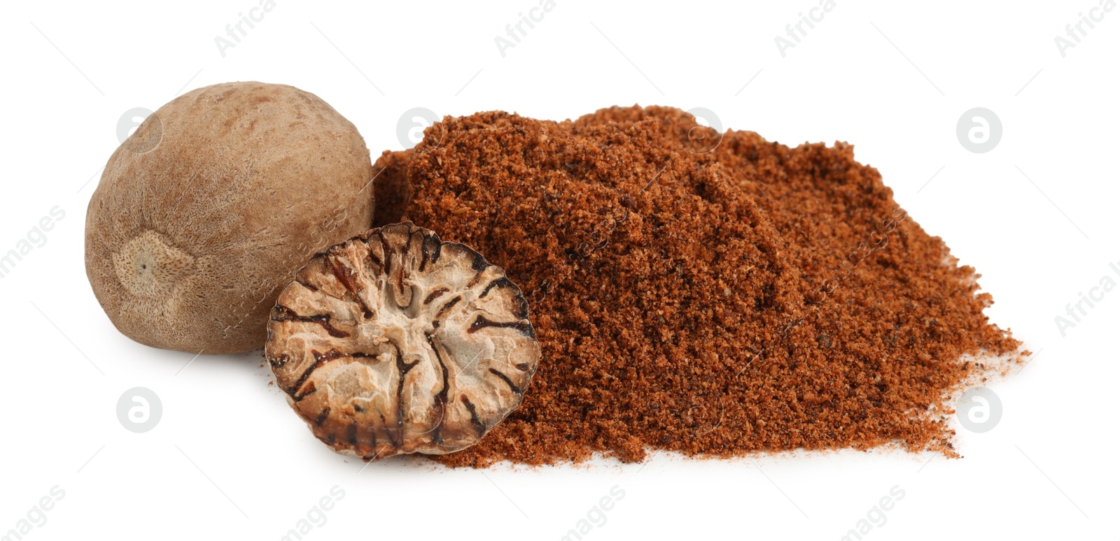 Whole, cut nutmegs and powder isolated on white Photo of Whole, cut nutmegs and powder isolated on white