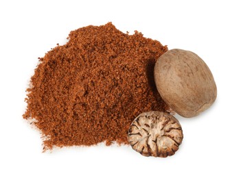 Photo of Whole, cut nutmegs and powder isolated on white, top view