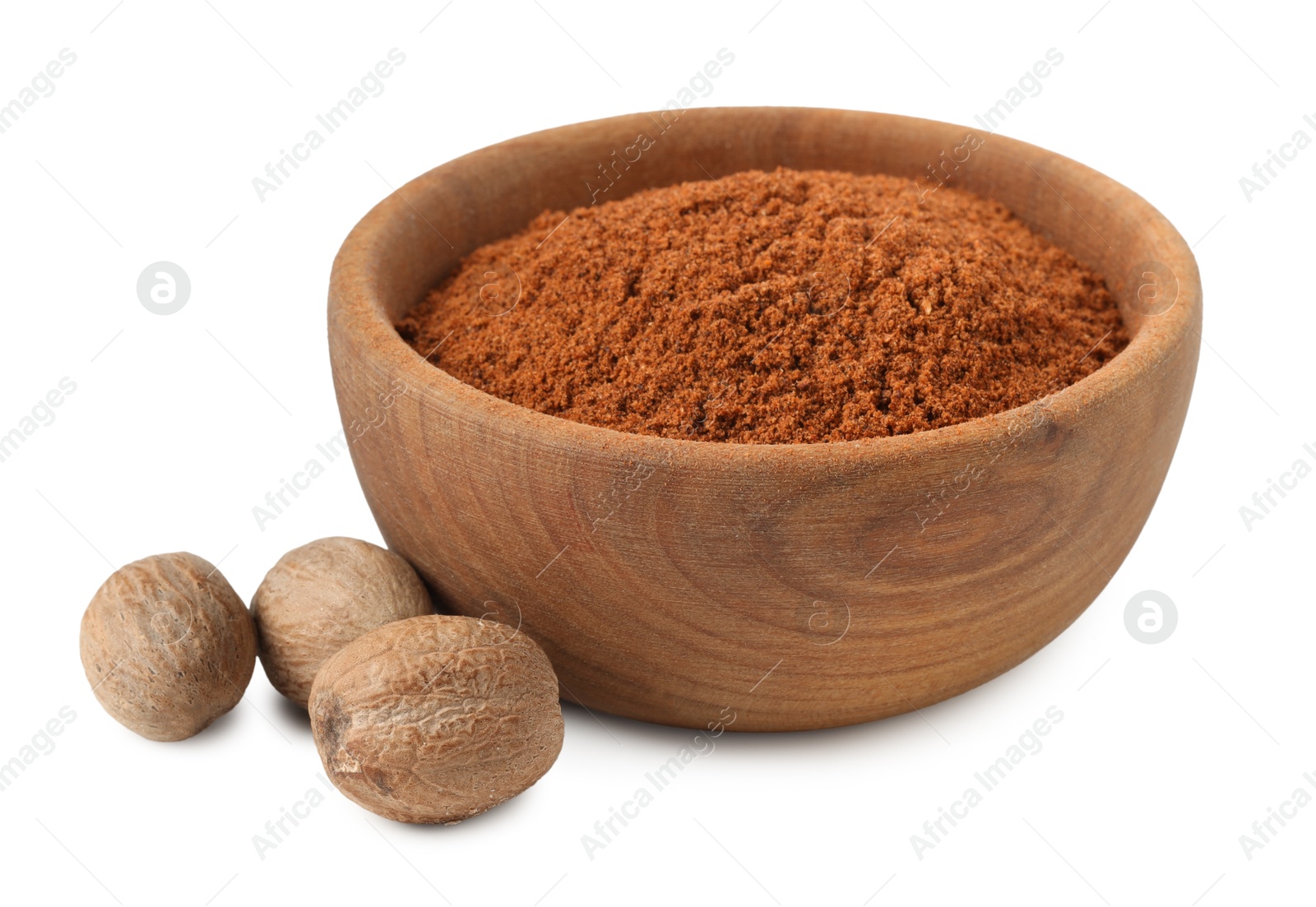 Nutmeg powder in bowl and nuts isolated on white Photo of Nutmeg powder in bowl and nuts isolated on white