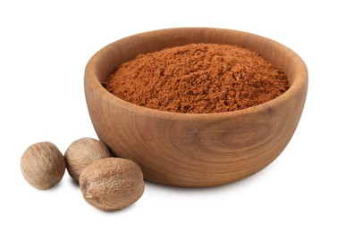 Photo of Nutmeg powder in bowl and nuts isolated on white