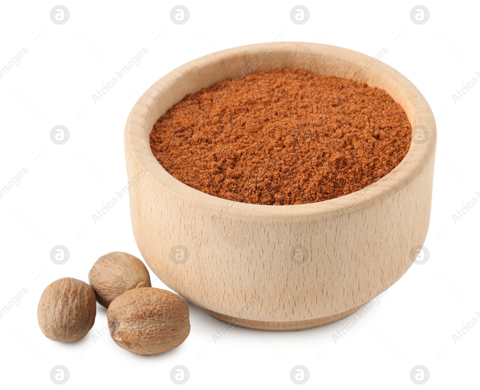 Nutmeg powder in bowl and nuts isolated on white Photo of Nutmeg powder in bowl and nuts isolated on white