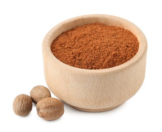 Photo of Nutmeg powder in bowl and nuts isolated on white