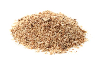 Photo of Pile of nutmeg powder isolated on white