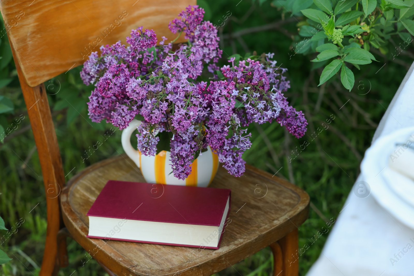 Beautiful lilac flowers in vase and book on wooden chair in garden Photo of Beautiful lilac flowers in vase and book on wooden chair in garden