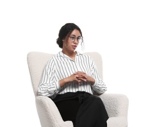Photo of Professional psychologist in armchair on white background