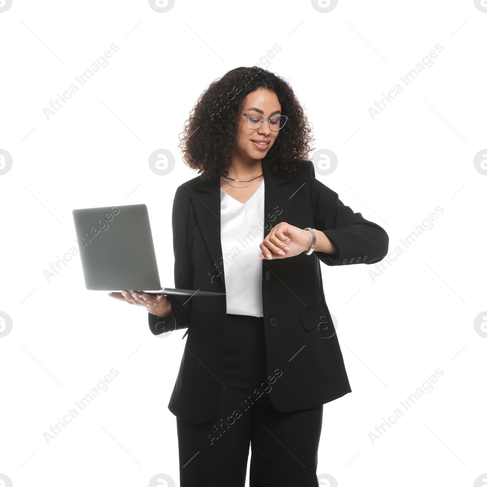 Professional psychologist with laptop looking at wristwatch on white background Photo of Professional psychologist with laptop looking at wristwatch on white background