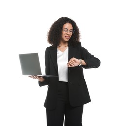 Photo of Professional psychologist with laptop looking at wristwatch on white background