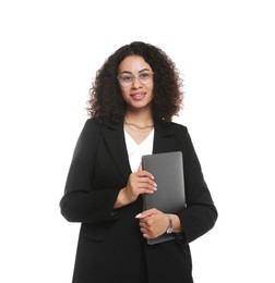 Photo of Professional psychologist with laptop on white background