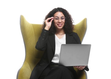 Photo of Professional psychologist with laptop in armchair on white background