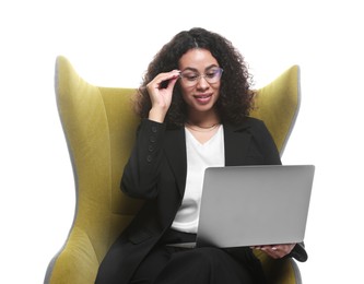 Photo of Professional psychologist with laptop in armchair on white background