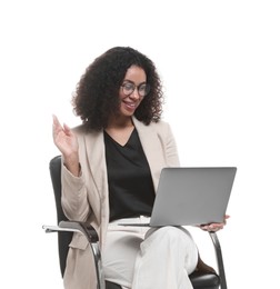 Photo of Professional psychologist with laptop in office chair on white background