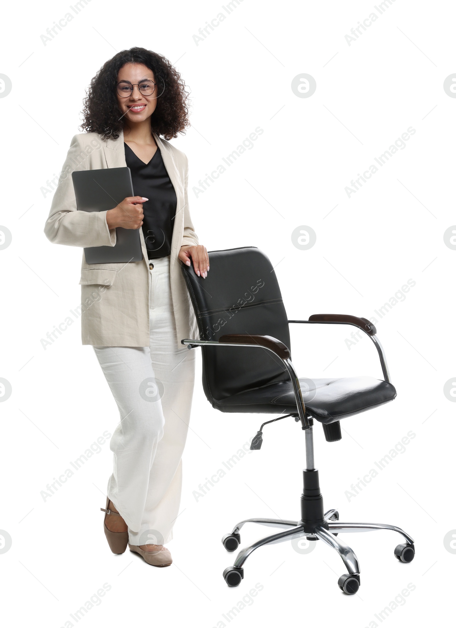 Photo of Professional psychologist with laptop near office chair on white background