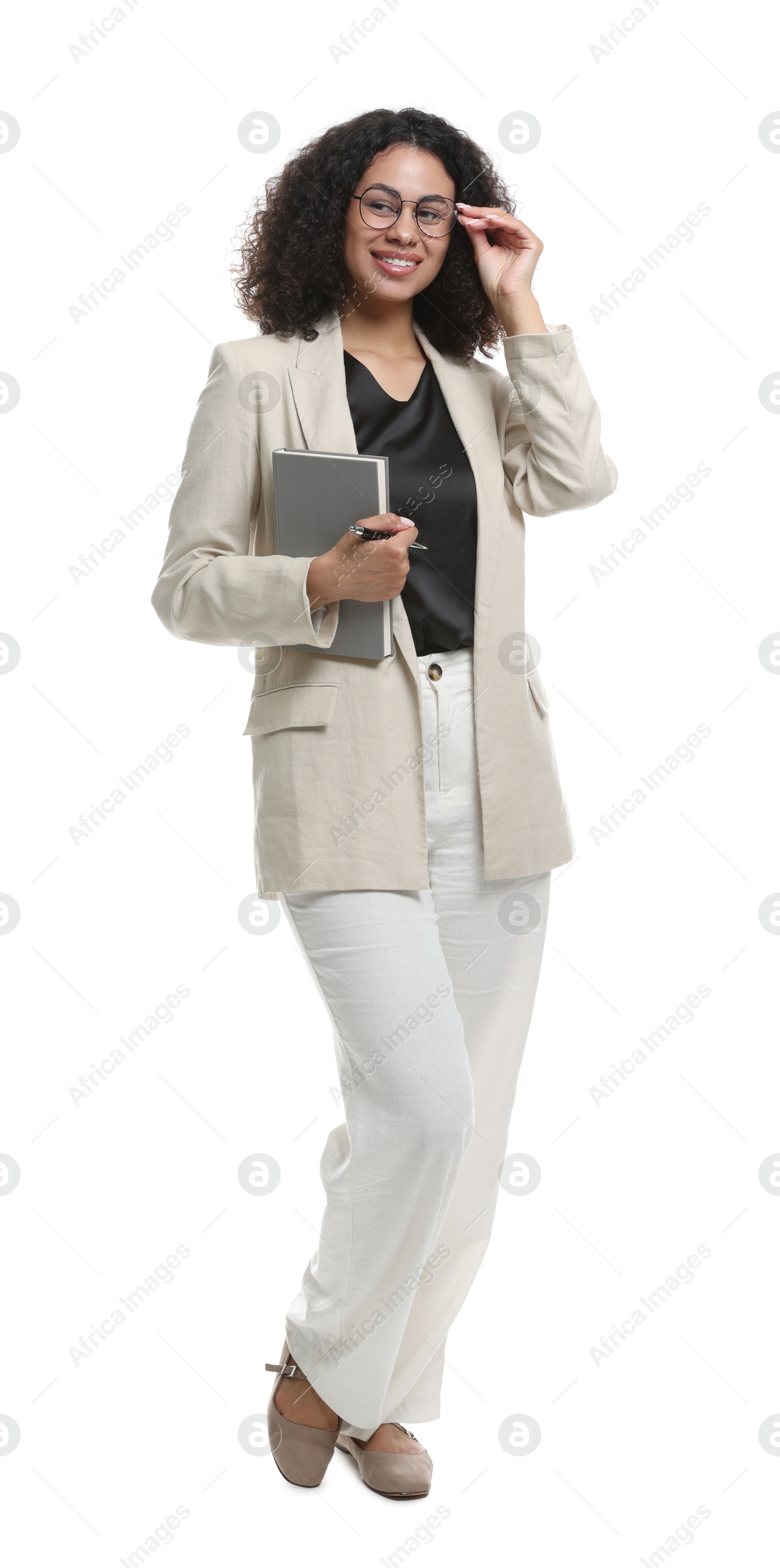 Full-length portrait of professional psychologist with notebook and pen on white background Photo of Full-length portrait of professional psychologist with notebook and pen on white background