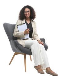 Photo of Professional psychologist with clipboard and pen in armchair on white background
