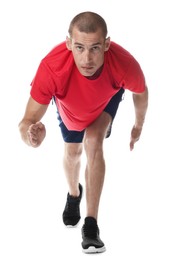 Photo of Man in sportswear running on white background
