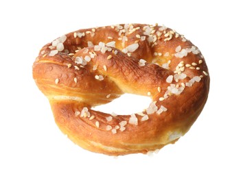 Photo of Tasty pretzel with salt isolated on white