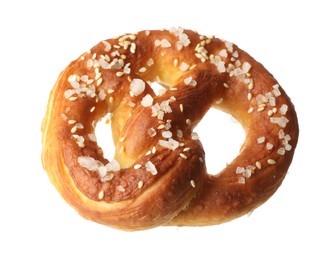 Photo of Tasty pretzel with salt isolated on white