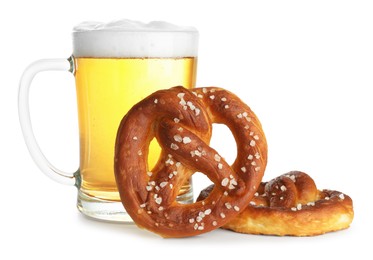 Photo of Tasty pretzels and glass of beer isolated on white