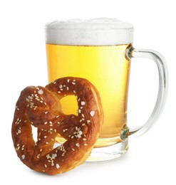 Photo of Tasty pretzel and glass of beer isolated on white