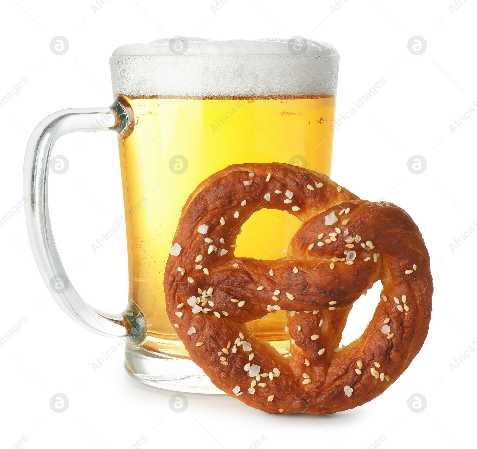 Photo of Tasty pretzel and glass of beer isolated on white