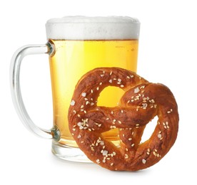 Photo of Tasty pretzel and glass of beer isolated on white