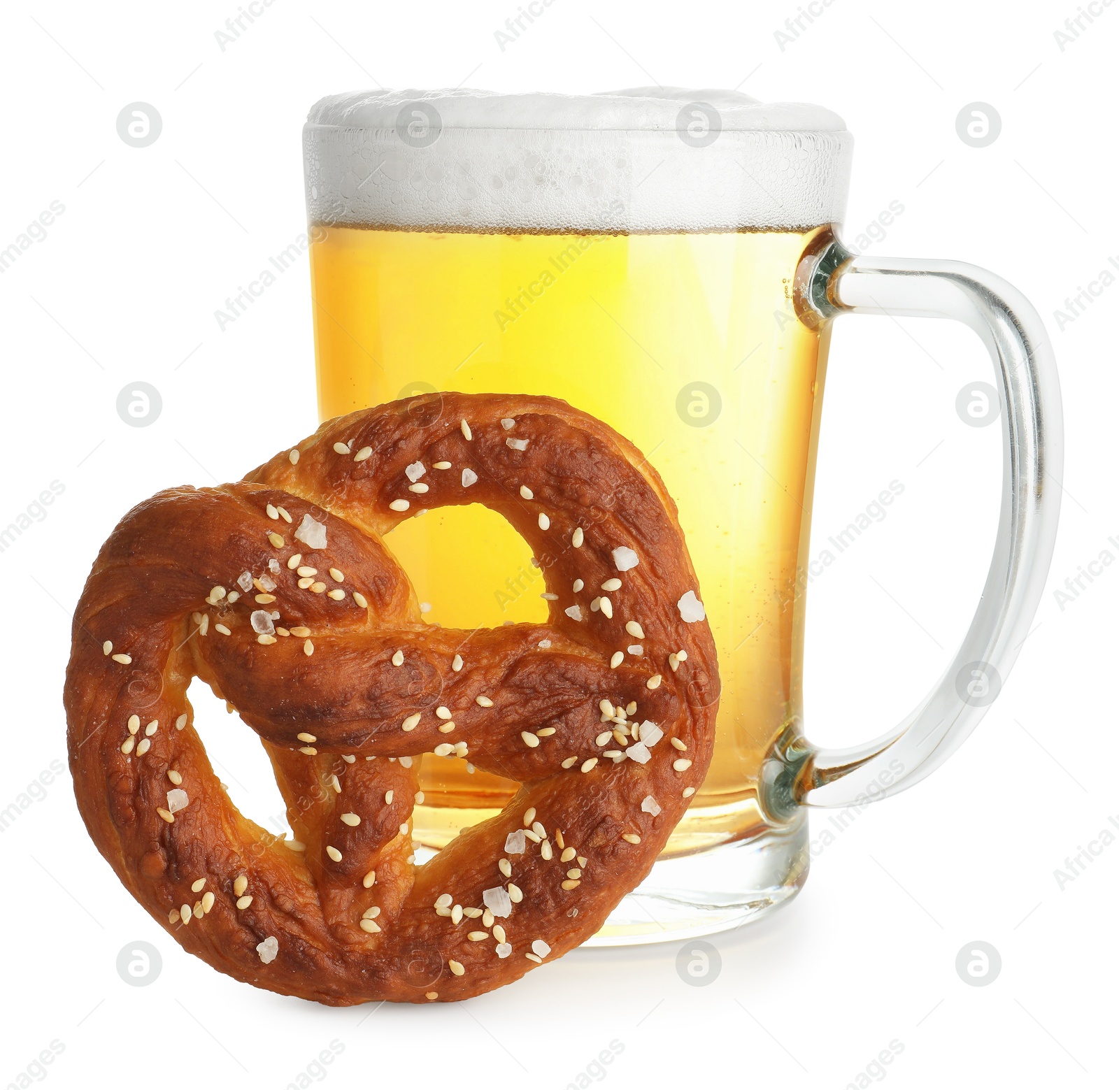 Tasty pretzel and glass of beer isolated on white Photo of Tasty pretzel and glass of beer isolated on white
