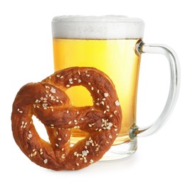 Photo of Tasty pretzel and glass of beer isolated on white