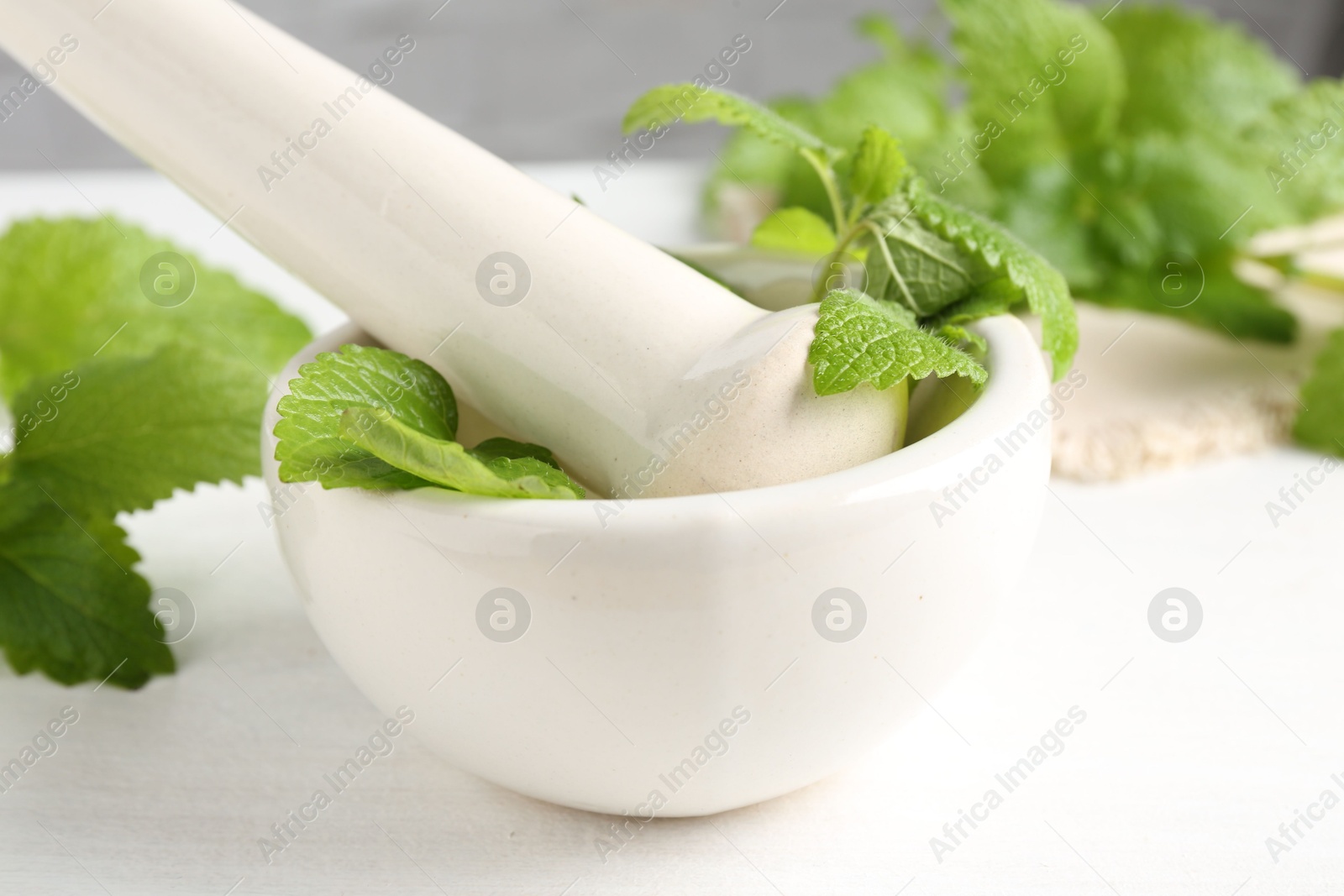 Fresh lemon balm leaves and pestle in mortar on white wooden table, closeup Photo of Fresh lemon balm leaves and pestle in mortar on white wooden table, closeup