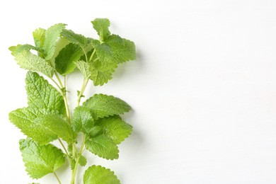 Photo of Fresh lemon balm leaves on white table, top view. Space for text