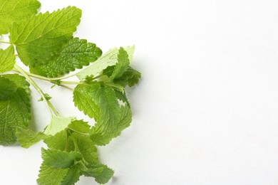 Photo of Fresh lemon balm leaves on white table, top view. Space for text