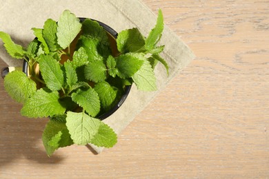 Photo of Fresh lemon balm leaves in mug on wooden table, top view. Space for text