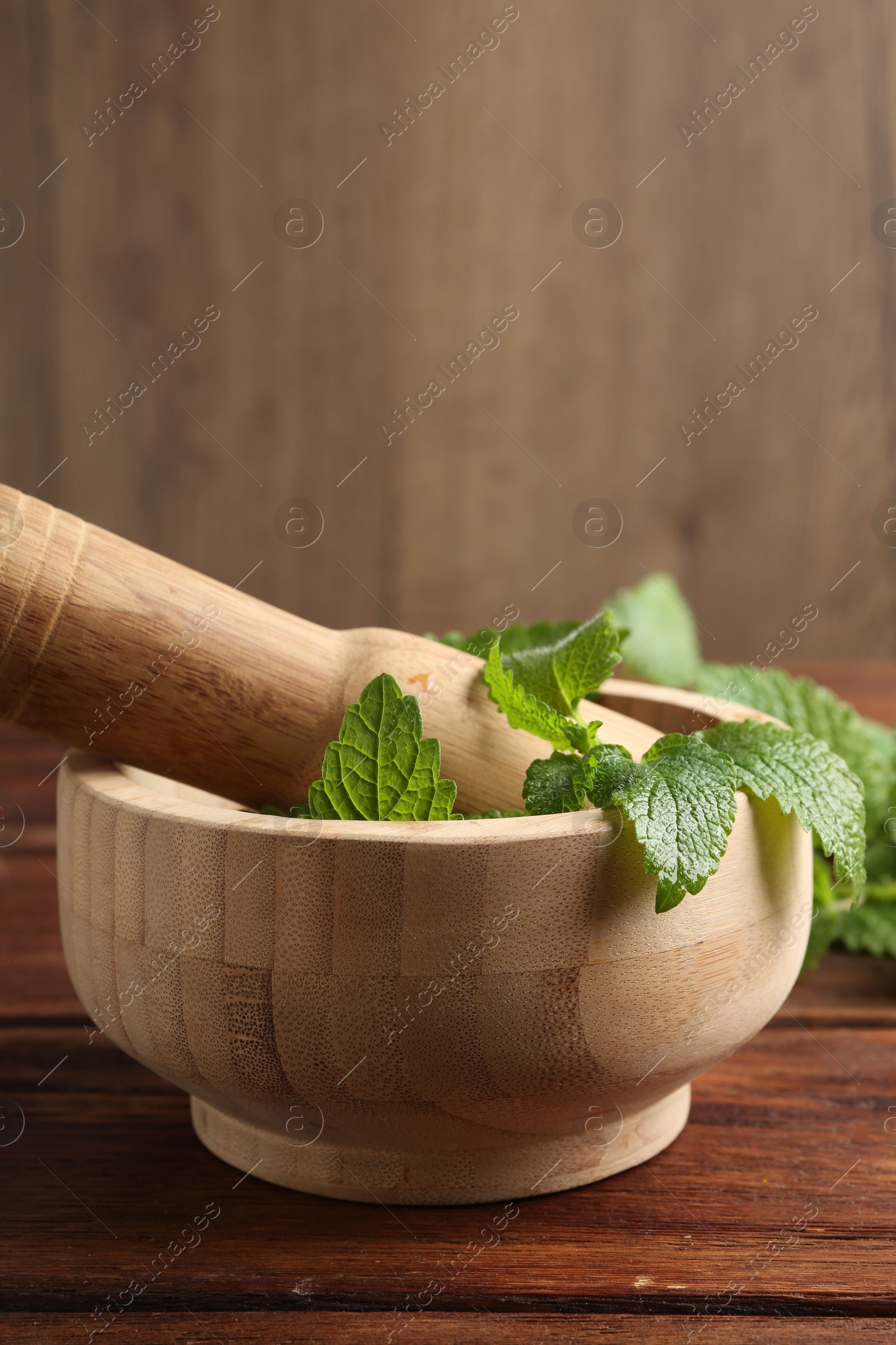 Fresh lemon balm leaves, pestle and mortar on wooden table, closeup. Space for text Photo of Fresh lemon balm leaves, pestle and mortar on wooden table, closeup. Space for text