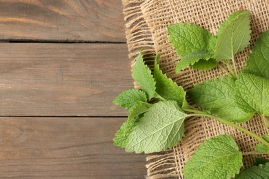 Photo of Fresh lemon balm leaves on wooden table, top view. Space for text