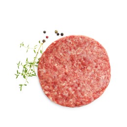Photo of Fresh raw patty for burger and spices isolated on white, top view