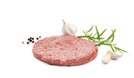 Photo of Fresh raw patty for burger and spices isolated on white