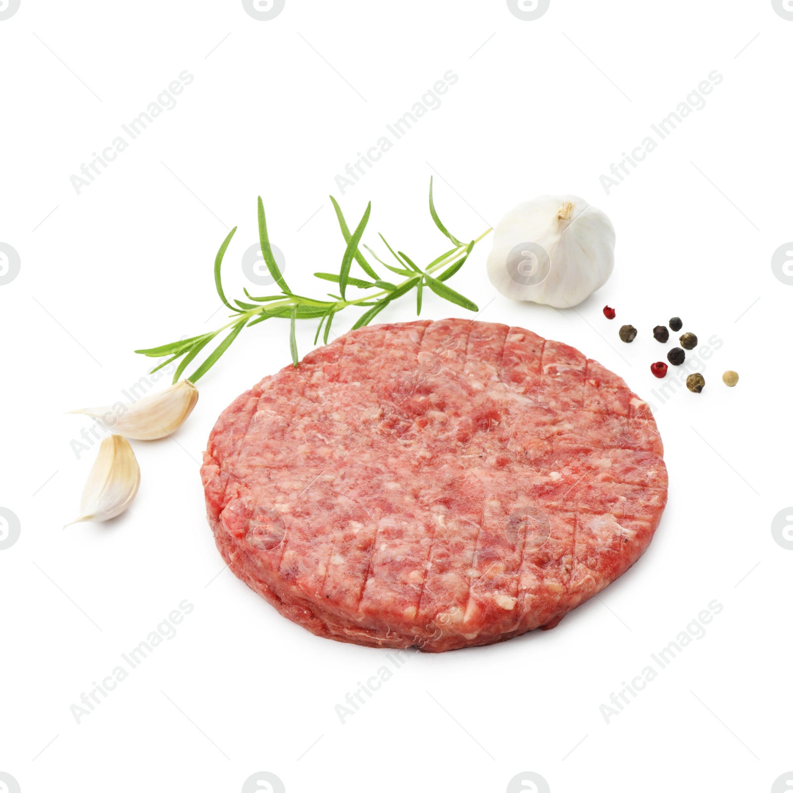Fresh raw patty for burger and spices isolated on white Photo of Fresh raw patty for burger and spices isolated on white