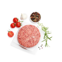 Photo of Fresh raw patty for burger, tomatoes and spices isolated on white, top view
