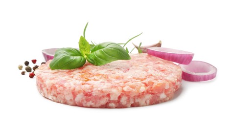 Photo of Fresh raw patty for burger and spices isolated on white