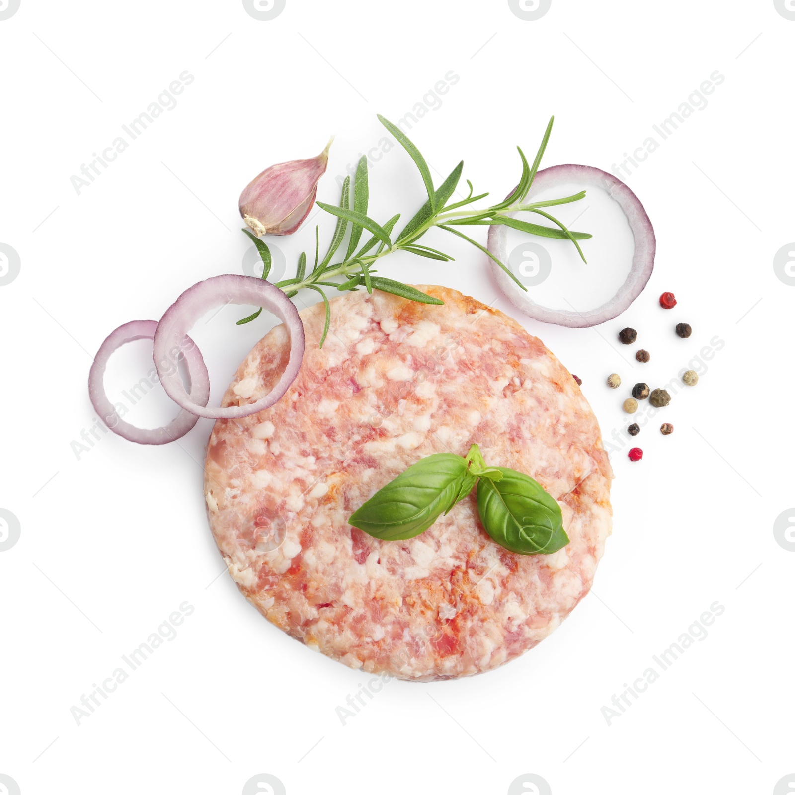 Fresh raw patty for burger and spices isolated on white, top view Photo of Fresh raw patty for burger and spices isolated on white, top view