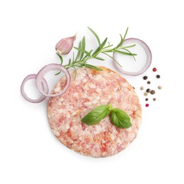 Photo of Fresh raw patty for burger and spices isolated on white, top view