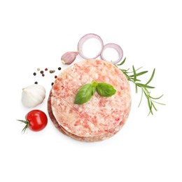Photo of Fresh raw patties for burger, tomato and spices isolated on white, top view
