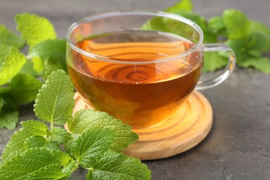 Photo of Aromatic lemon balm tea in glass cup and fresh leaves on gray textured table, closeup