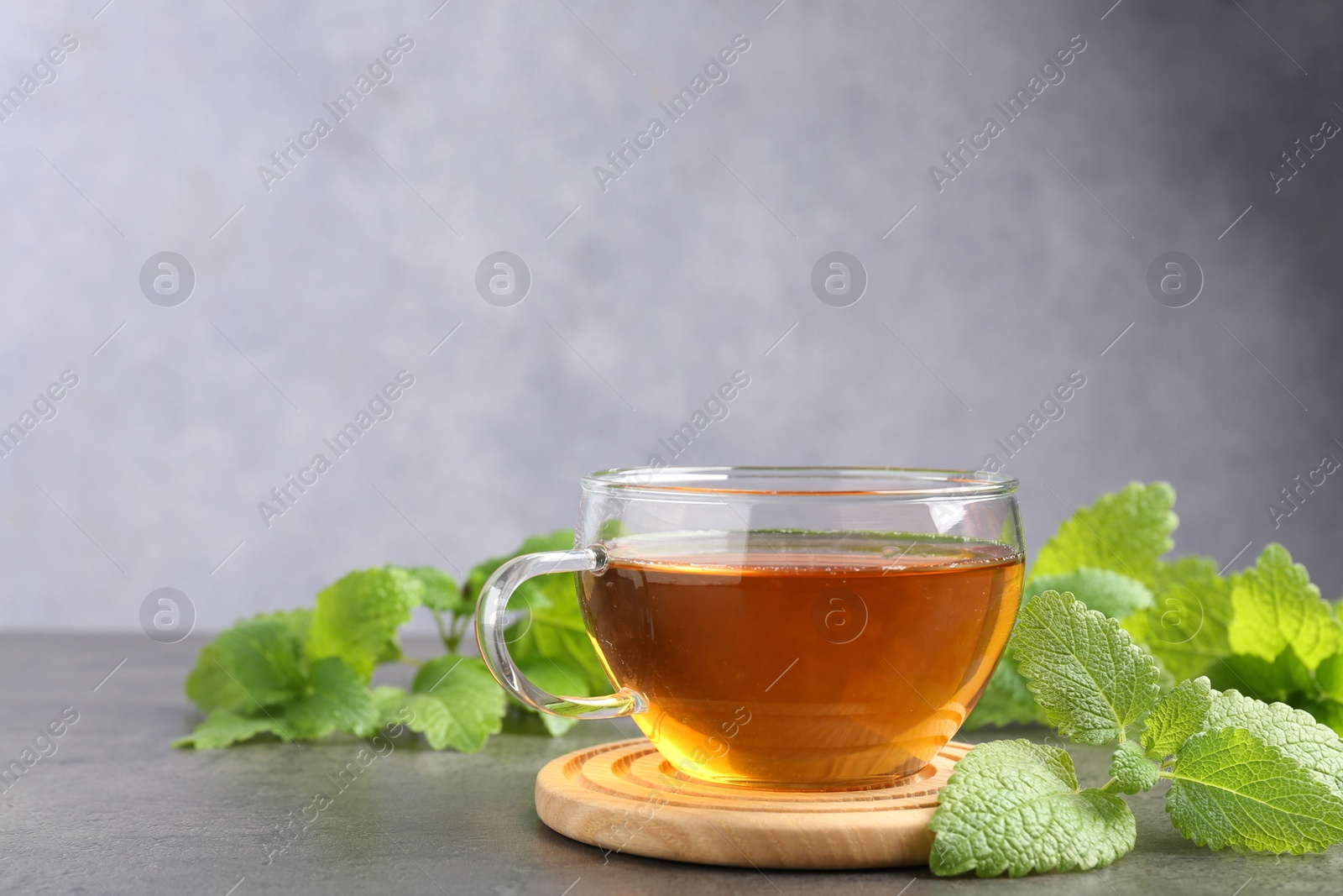 Aromatic lemon balm tea in glass cup and fresh leaves on gray table, space for text Photo of Aromatic lemon balm tea in glass cup and fresh leaves on gray table, space for text
