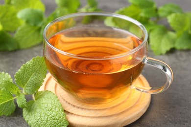 Photo of Aromatic lemon balm tea in glass cup and fresh leaves on gray table, closeup
