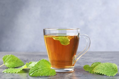 Photo of Aromatic lemon balm tea in glass cup and fresh leaves on gray textured table