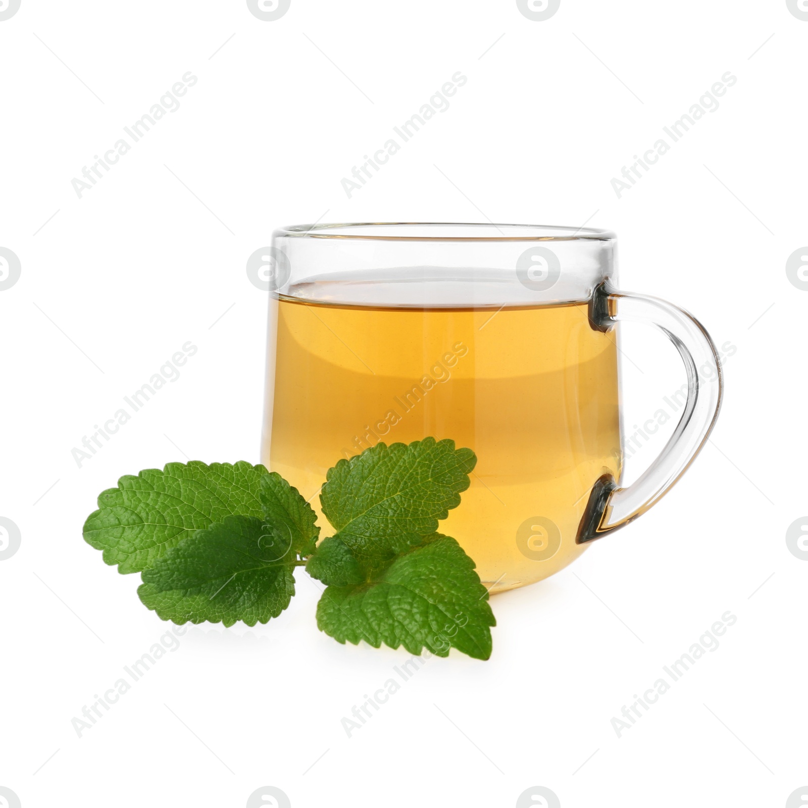 Aromatic lemon balm tea in glass cup and fresh leaves isolated on white Photo of Aromatic lemon balm tea in glass cup and fresh leaves isolated on white