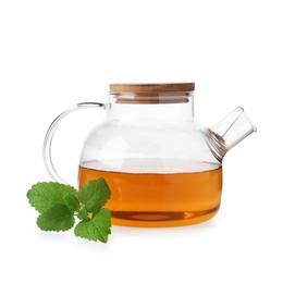Photo of Aromatic lemon balm tea in glass teapot and fresh leaves isolated on white