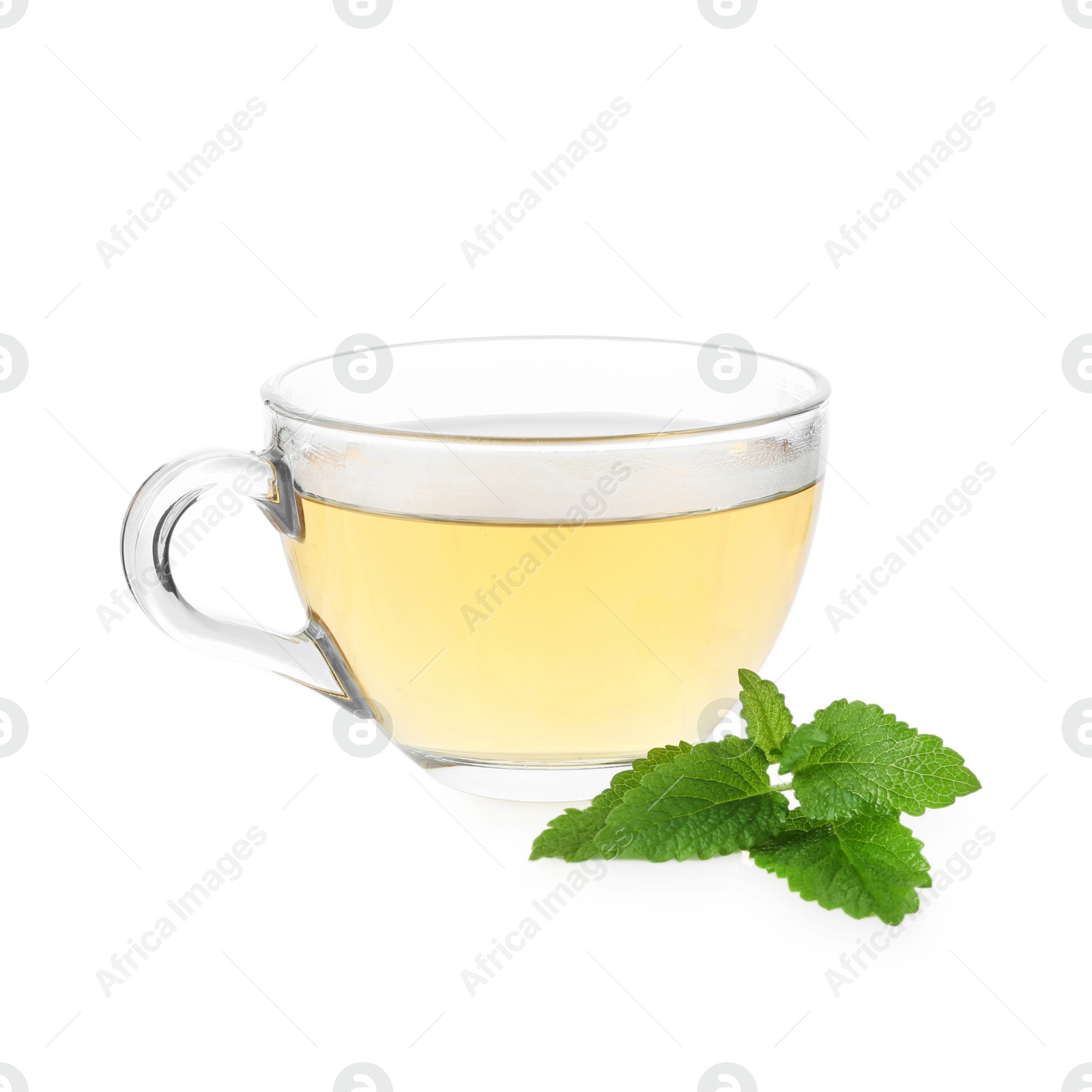 Aromatic lemon balm tea in glass cup and fresh leaves isolated on white Photo of Aromatic lemon balm tea in glass cup and fresh leaves isolated on white