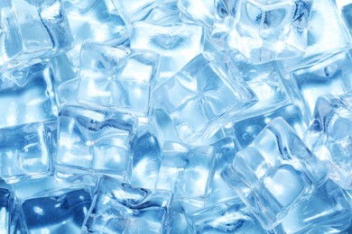 Photo of Cubes of clear ice as background, closeup